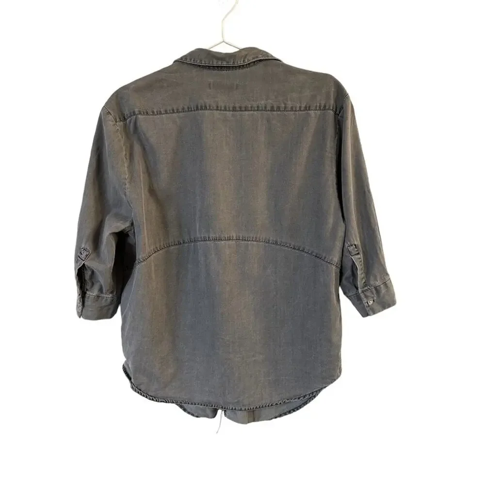 Zara Washed Charcoal Gray V-Neck Button-Tab Blouse - Picture 5 of 13